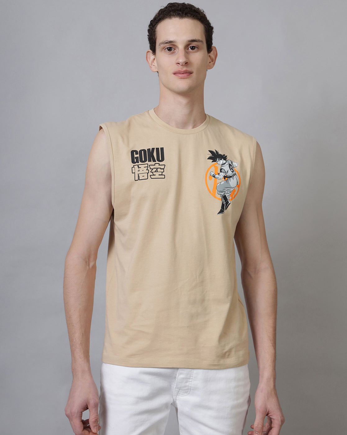 Dragon Ball Z Regular Fit Round Neck Beige Muscle-T For Young Men