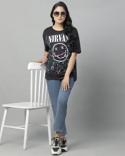 Nirvana Printed Oversized Fit Tshirt For Women